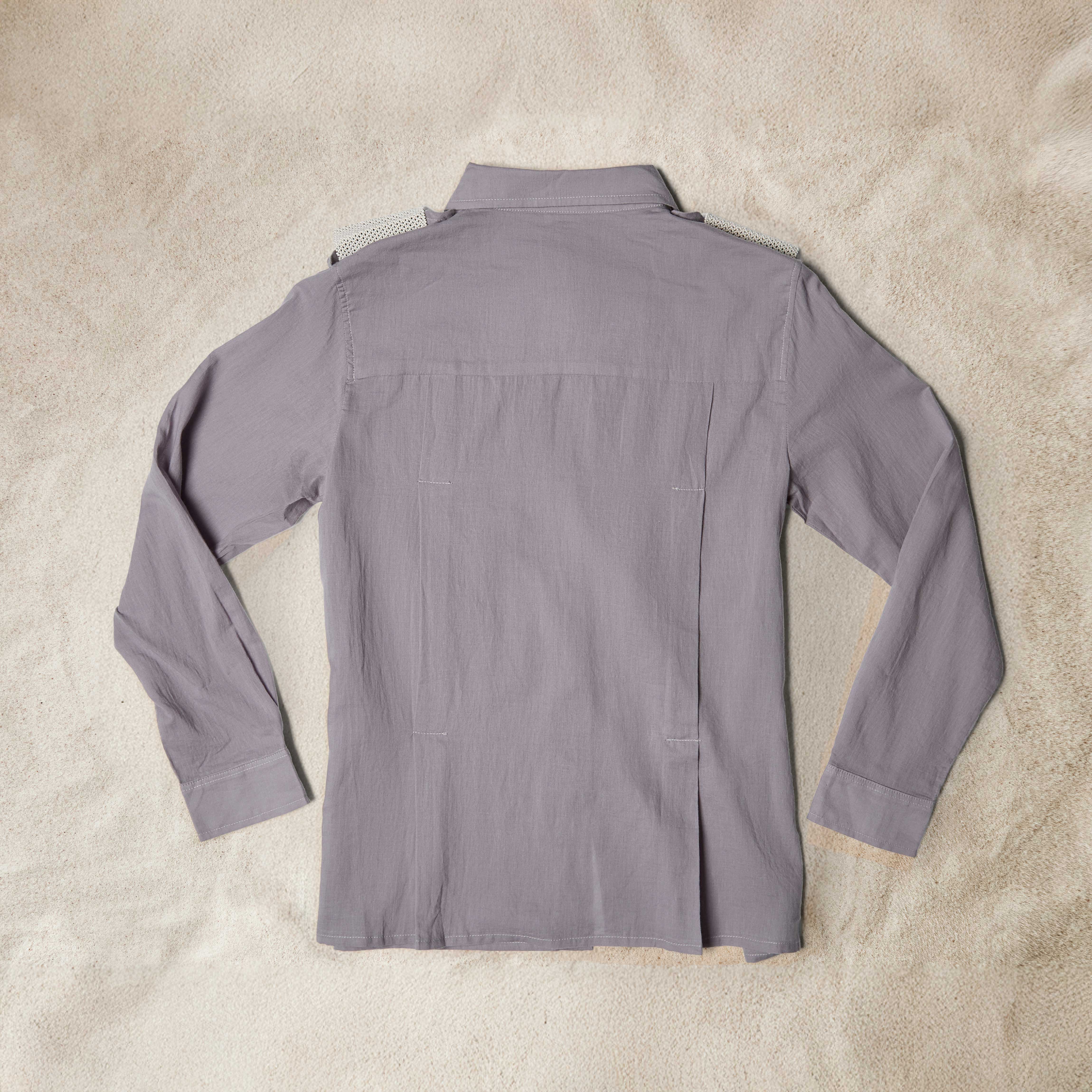 Back View of Grey Lightweight Ranger Shirt with White and Colorful Beaded Epaulettes 