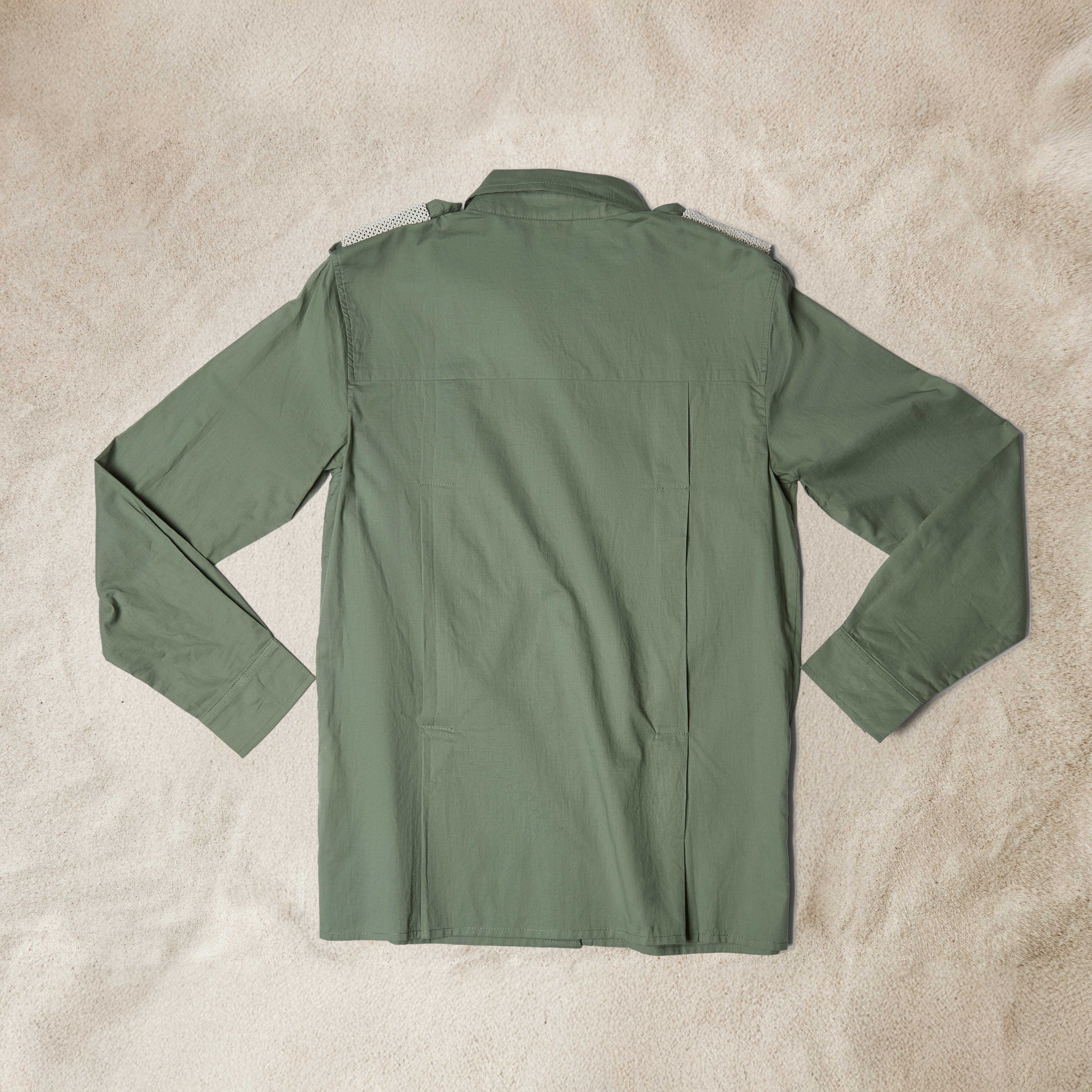 Back View of Khaki Green Lightweight Ranger Shirt with White and Colorful Beaded Epaulettes