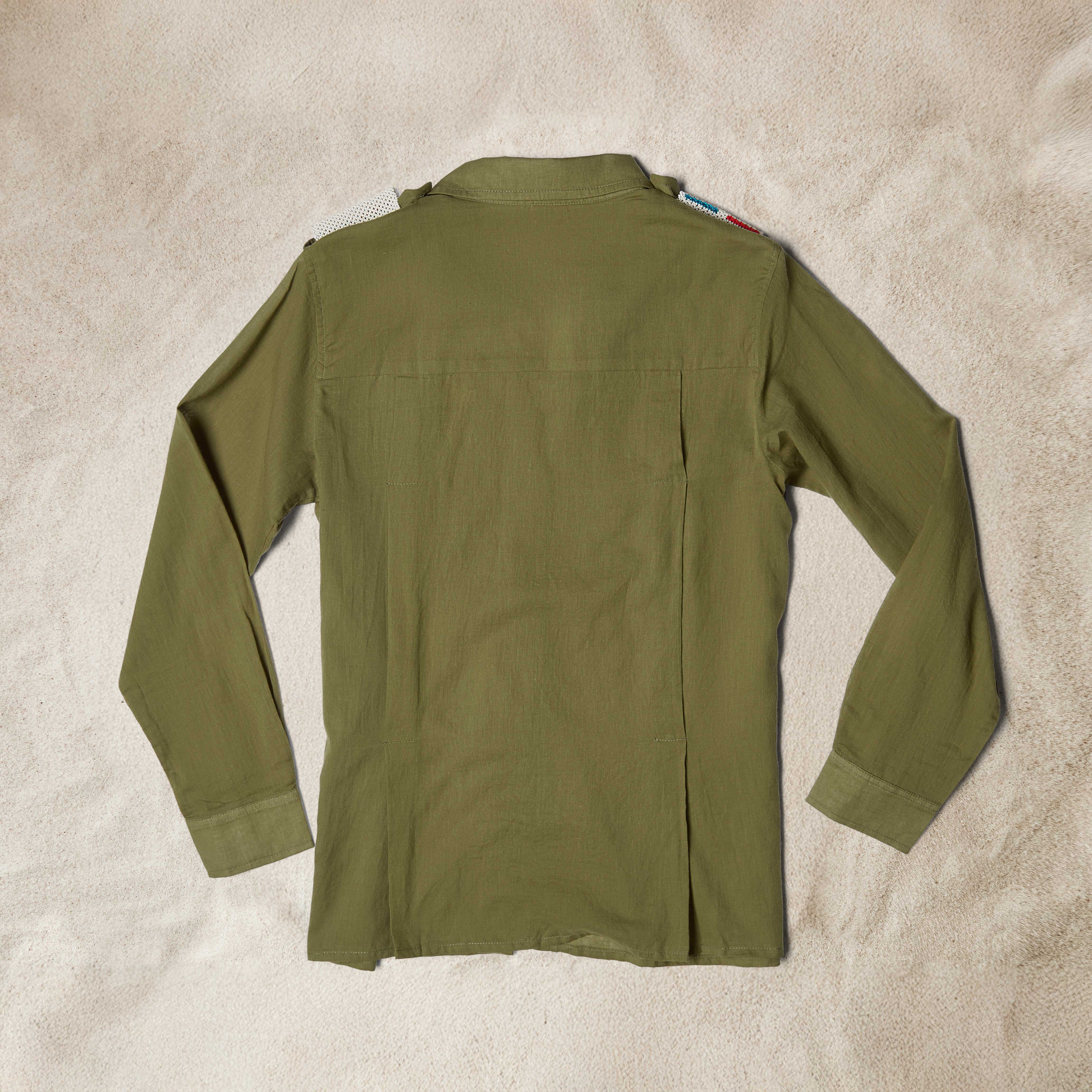 Back View of Light Khaki Green Lightweight Ranger Shirt with White and Colorful Beaded Epaulettes
