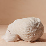 Bottom view of woven ivory bag against a beige background