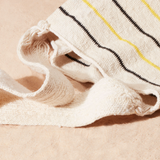 Detail view of loosely woven straps of ivory woven bag with thin yellow and black stripes against a sand background