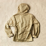 Back view of the khaki ranger safari hooded jacket against sand background