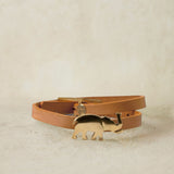 brown leather bracelet with brass elephant and brass buckle closure